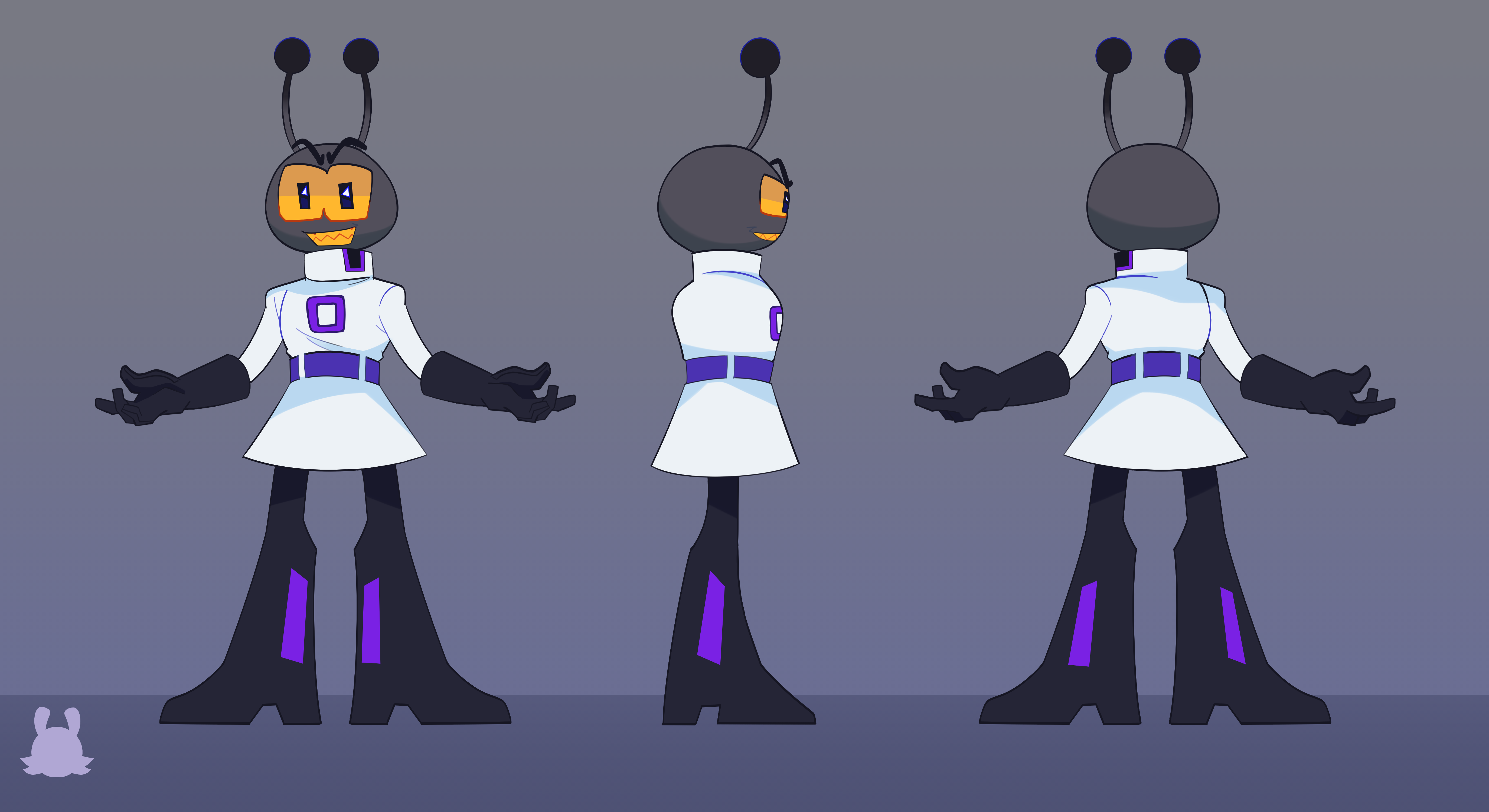 Reference Sheet of My OC Ordio. He is a purple greyish alien with darker tips at the top of his antennae. He wears a white suit with a giant purple O in the middle with black boots as well as a puple belt around his waist.