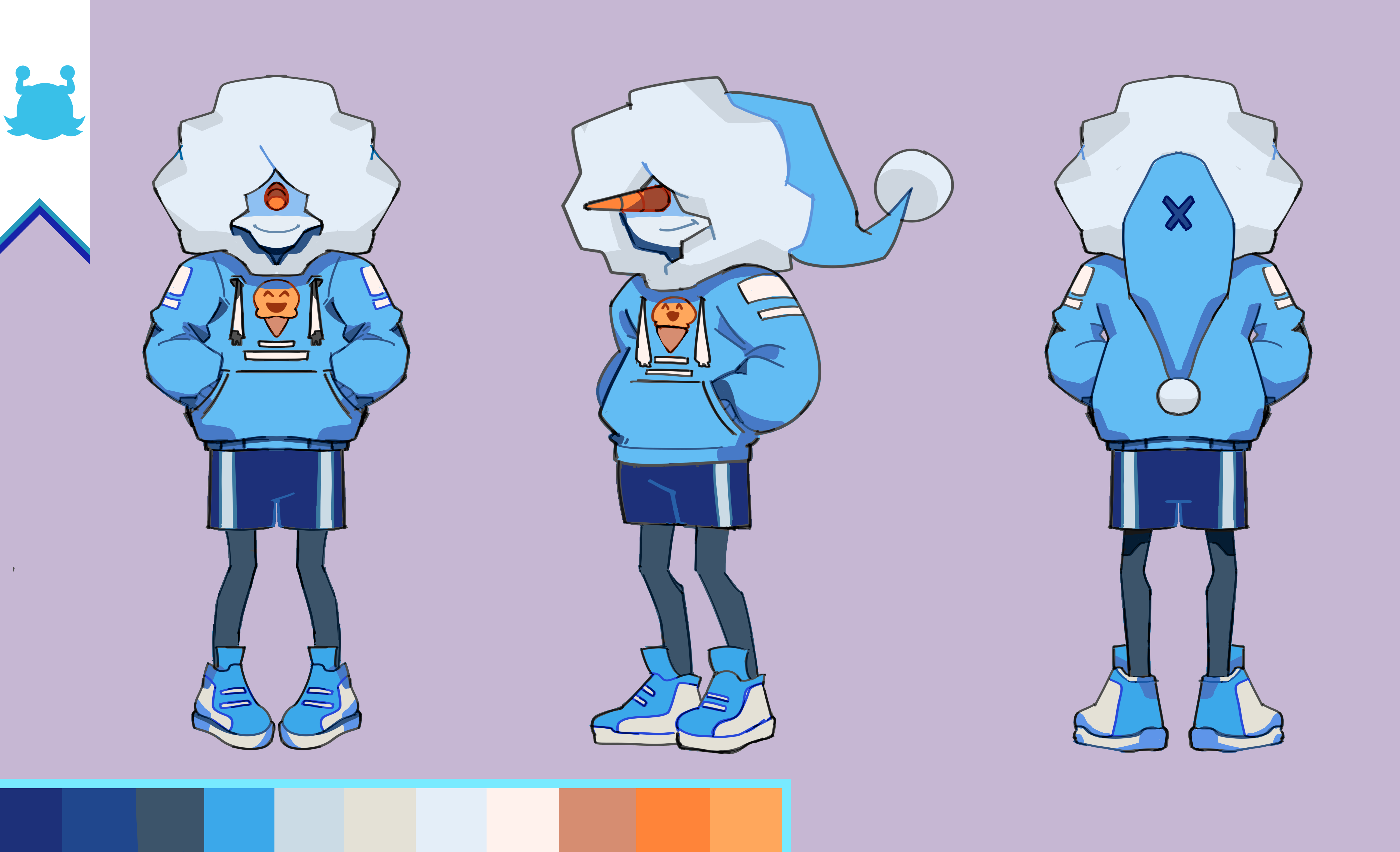 Reference Sheet of my Oc Flake. He is a snowman wearing blue sneakers and a hoodie that has an icecream graphic displayed at the center. The hood covers his eyes.